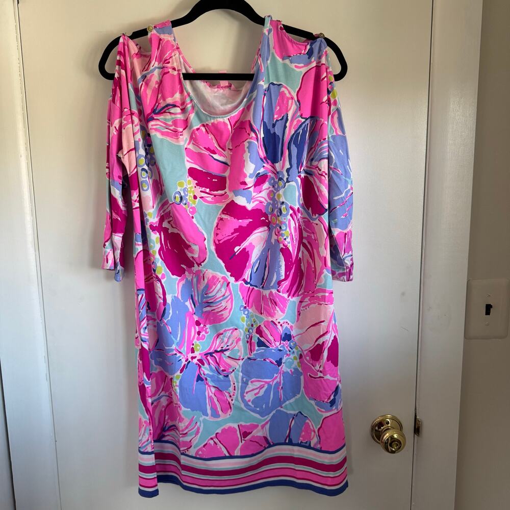 Lilly Pulitzer Womens LILLA Dress Jam Out Multi Pink Cut Out Shoulder Size XL